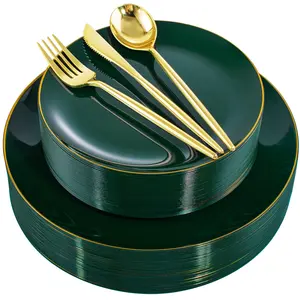 150Pcs Gold Plastic Plates Disposable Green Plastic Plates with Gold Rim Disposable Dinnerware: 30 Green Dinner Plates, 30 Dessert Plates, 90Pcs Gold Cutlery for Party, Wedding & Mothers Day
