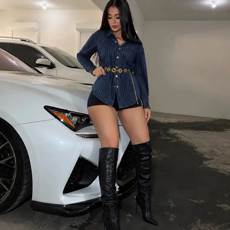 Women’s Denim Rhinestone Button-Up Long Shirt | Oversized Jean Blouse
