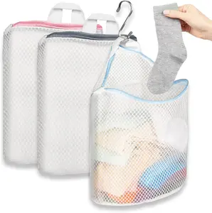 3Pcs Hanging Laundry Bags for Socks with S Hooks, 12 X 10 inch 3 Color Mesh Laundry Bags for Washing Machine