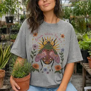 Boho Beetle Botanical Graphic Tee Women's Vintage Floral Bug Shirt Bloom Where You Are