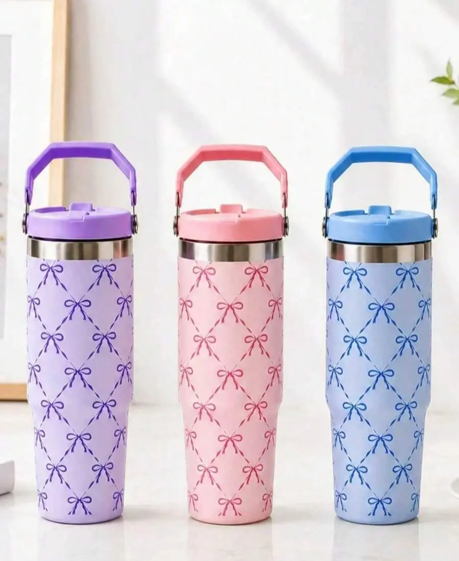 30oz/900ML Bow Print Insulated Tumbler, Large Capacity Stainless Steel Cup With Handle, Hot & Cold Travel Mug For Women