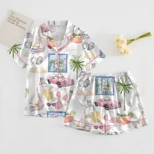 Pink Vintage Car Pajama Set, Summer Beach Vacation PJs, Cute Cocktail Palm Tree Print, Women Short,Long Sleeve Lounge Set Gift