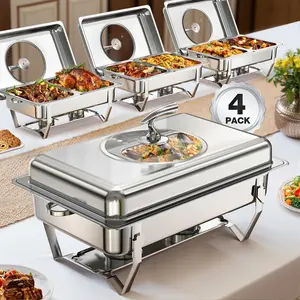 WARMOUNTS 9QT Rectangular Chafing Dish with Glass Lid – Full-Size Stainless Steel Buffet Warmer, Foldable Frame, Rolled Rim, Lid Holder, for Parties, Catering & Family Gatherings (2/4/6 Pack)