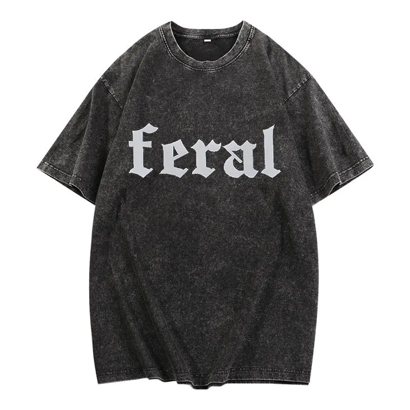 Women's Vintage Graphic T-Shirt, Oversized Washed Cotton Streetwear Top with a Seamless Shortsleeve Design and Elastic Ribbed Crew Neck