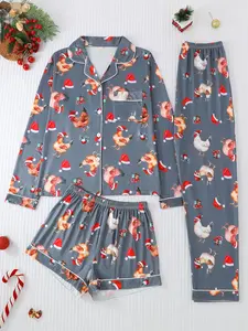 Women's Christmas Chicken Pajama Set, Long Sleeve Top & Bottoms, Casual Loose Fit, All-Season Comfortable Sleepwear for Home & Outdoors