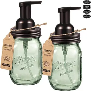 Mason Jar Foaming Soap Dispenser, Stainless Steel Lid, Green Glass Foam Hand Soap Dispenser, 16 Oz Refillable Liquid Foam Dispenser Bottle for Bathroom Kitchen, Dish Soap-Bronze, 2 Pack
