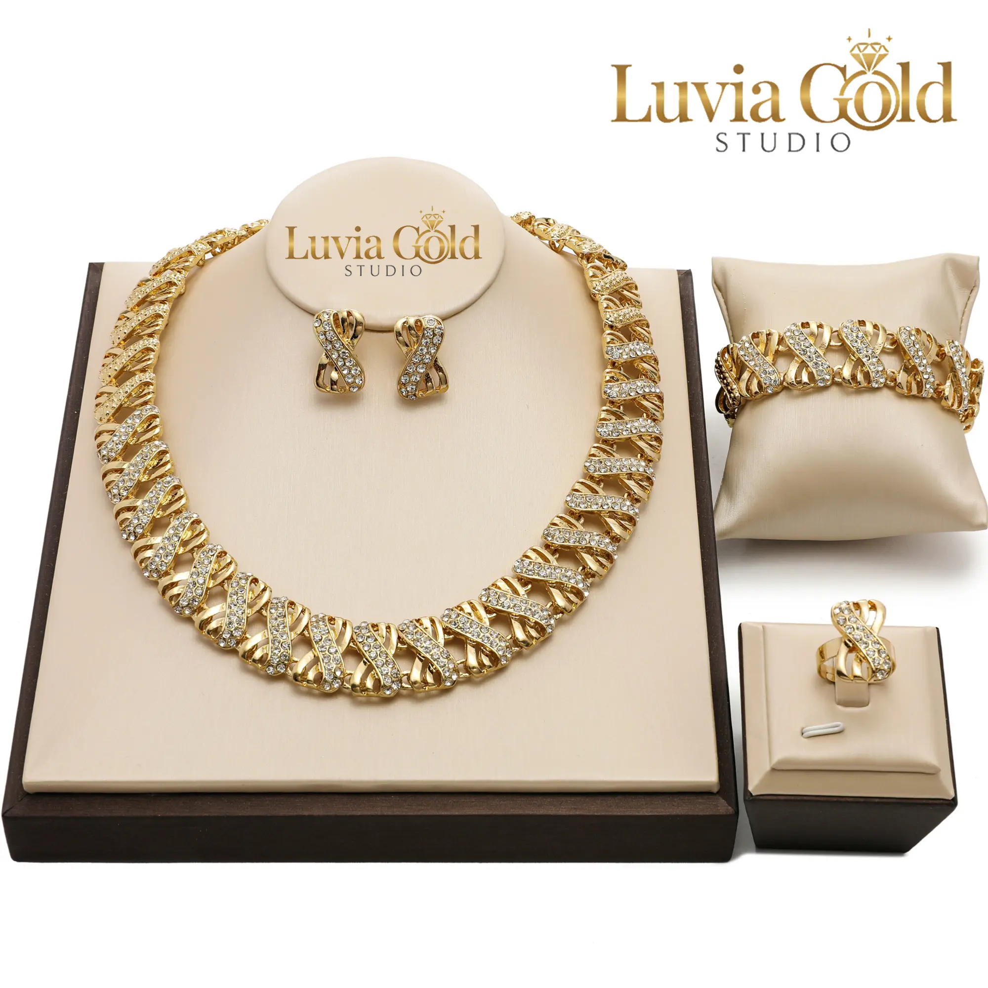 Women's Elegant Geometric Handcrafted Gold-Plated Alloy Jewelry Set - Rings for Women, Necklace, Bracelet, Earrings, Striped Chain-Link Design, Stylish Accessories for Wedding, Anniversary Gifts (Luvia Gold)