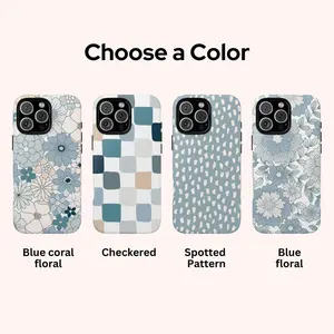 Teal Blue Boho Checkered Phone case for iPhone 16 15 14 13 12 11 Pro, Floral pattern iPhone Cases Simple Modern Phone Case