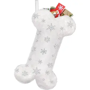 Pet Dog Christmas Stocking, Xmas Luxury Faux Fur Large Bone Shape Hanging with Silver Snowflakes Sequin Decorations Pets Christmas Stockings for Dogs Cats Pets (Silver Sequins)