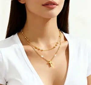 Bohemian Vintage Golden Cross Pendant Necklace - Double Layered Stainless Steel Retro Jewelry for Women, Perfect Gift for Mother'S Day & Casual Attire, Everyday Accessory, Bohemian Style, Goldplated Pendant Dainty Herringbone Layered Necklace gold  neckla