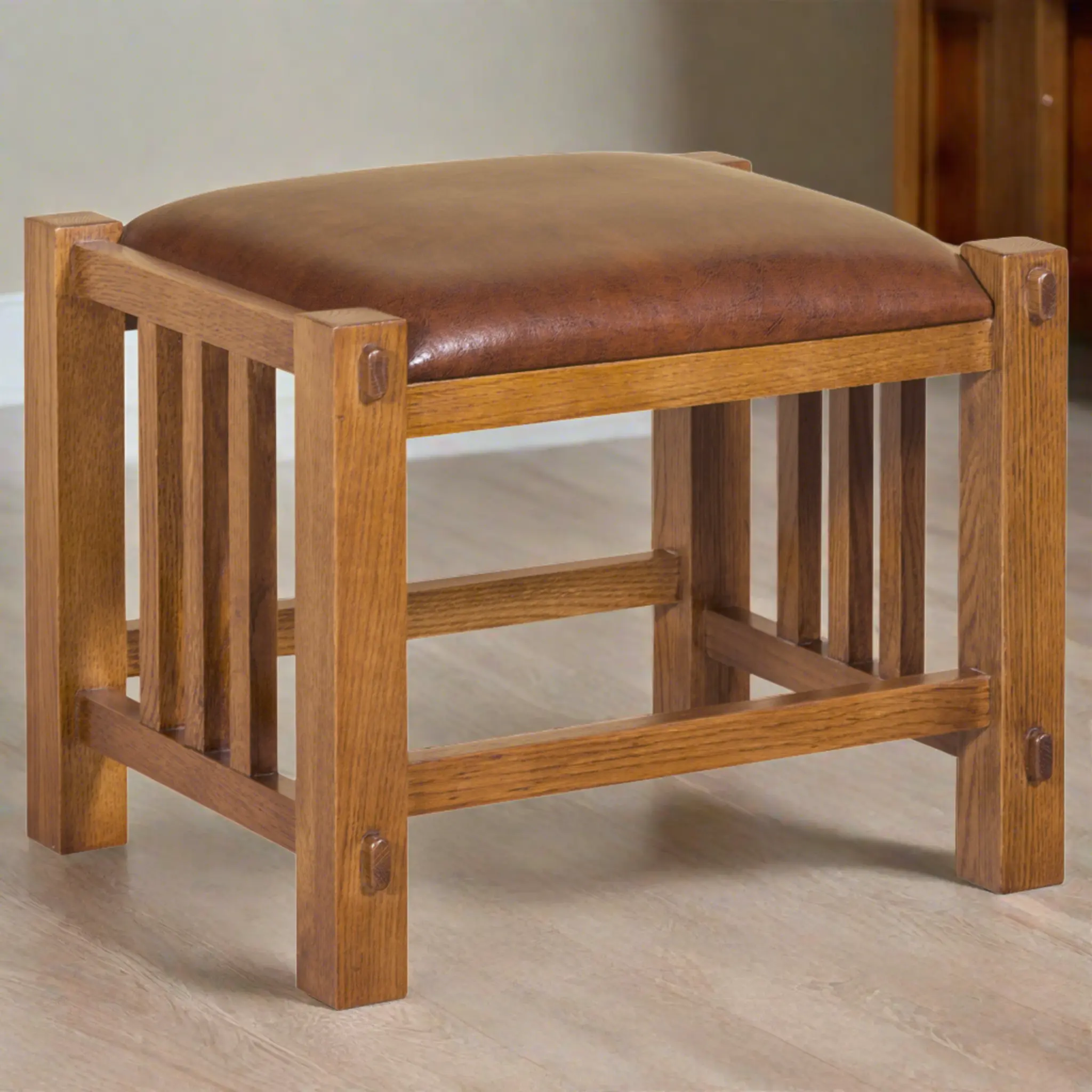 Mission Spindle Footstool - Quarter-Sawn Oak, Leather Upholstery (2 Colors Available), Foot Rest Stool, Ottoman Foot Rest