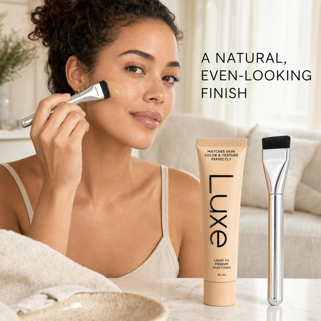 Color Changing Foundation & Flat Top Brush Set, 30ml Adaptive Shade Face Makeup with Buildable Coverage, Lightweight Natural Dewy Finish, Smooth Even Blending
