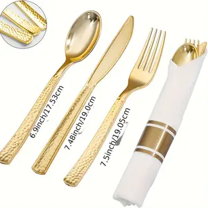 400PCS Pre Rolled Gold Plastic Silverware Sets - Heavy Duty Hammered Gold Cutlery Include 100 Pack Wrapped Disposable Utensils with Napkins for Parties, Dinners & Weddings