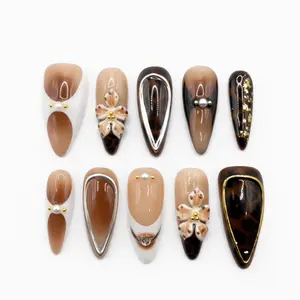 Press On Nails  Mocha Royale  Long Stiletto Nude Mocha Tones Tortoise Shell Accents Silver Chrome Outline Gold Foil 3D Flower Pearl Details Glossy Finish Prettè Nail Studio