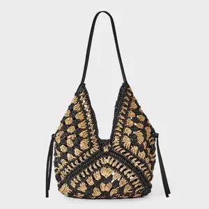 Straw Crochet Tassel Shoulder Bag - Universal Thread Natural/Black