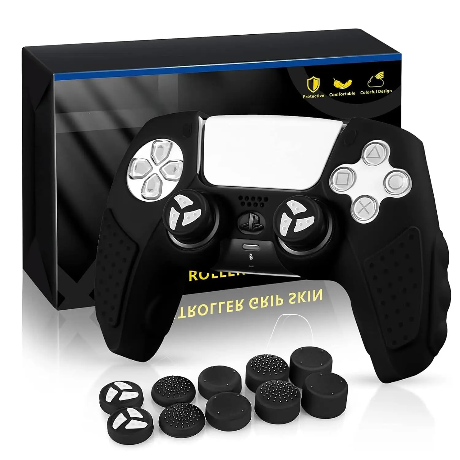 SQ-RDC007 PS5 Controller Cover Skin Case, Directly Applicable for PS5 Charger, Anti-Slip Sweatproof Silicone Protective for PlayStation 5 Dualsense Controller with Thumb Grips Caps x 10 (Black)