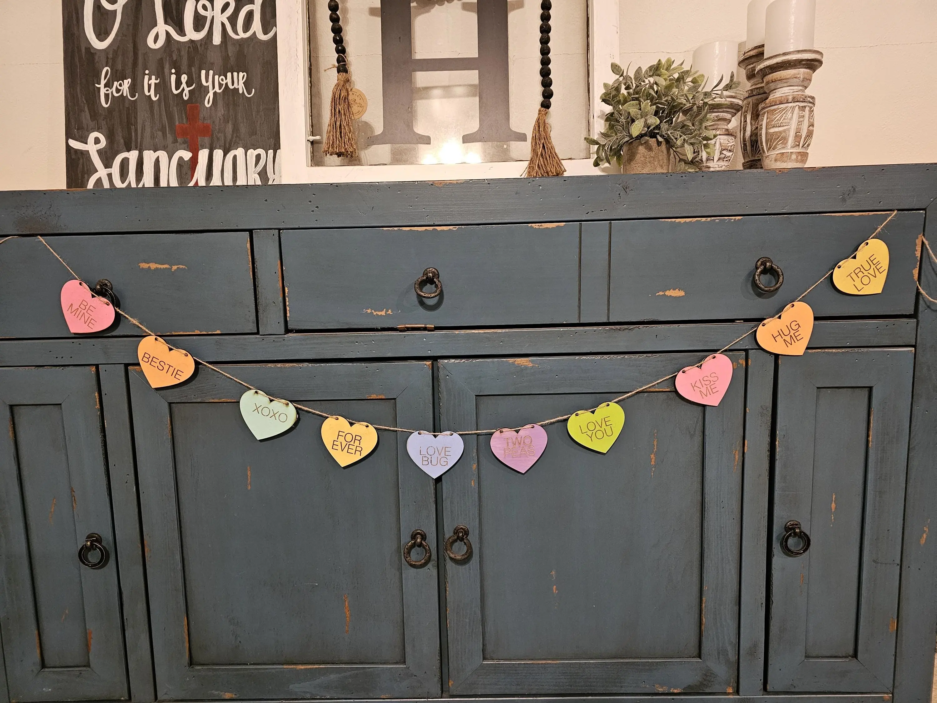 Conversation Hearts Garland, 6 foot Hearts Banner, 10 Customizable wooden Hanging Hearts, Pastel Colors, Valentine's Day Decor