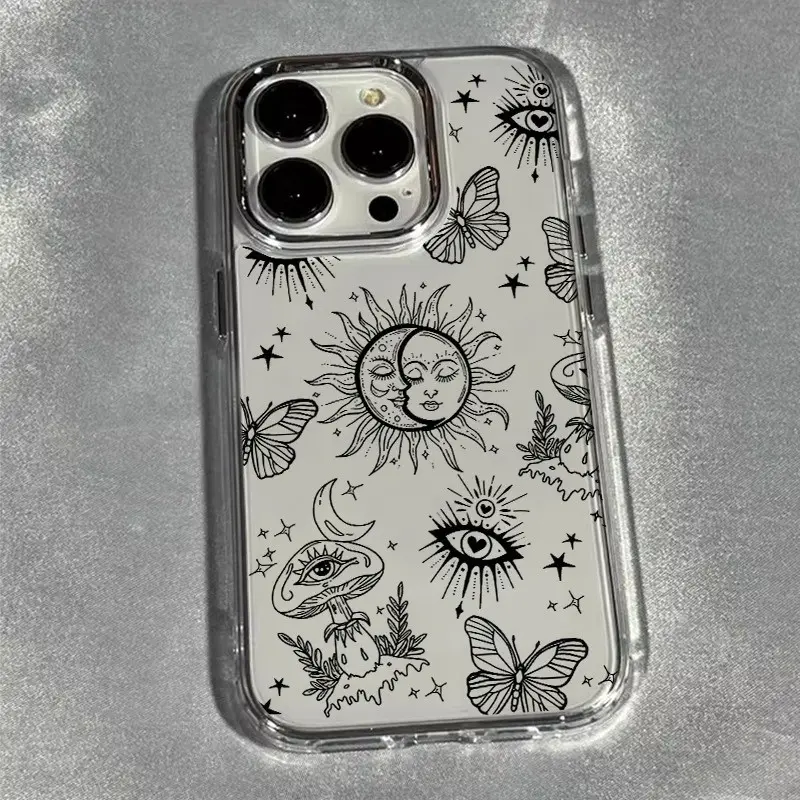 1PC Space-Plated Smartphone Case with Black Line, Butterflies, Eyeball & Moon Patterns - Handheld Cellphone Cover for iPhone 11/12/13/14/15/16/17 Plus Pro Max Series, Shock-Absorbent, Anti-Skid, Lightweight, Stylish, High-Quality Protection, Casing