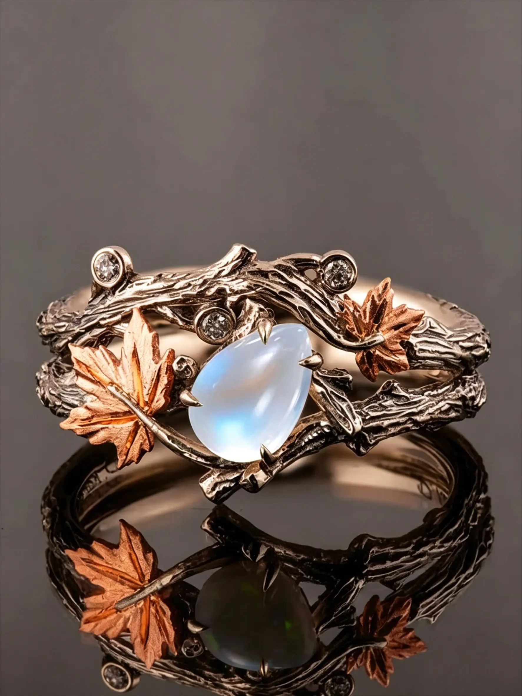 1pcs Vintage Maple Leaf Moonstone Ring Elegant Fashion Jewelry Rings Perfect for Daily Wear & Parties