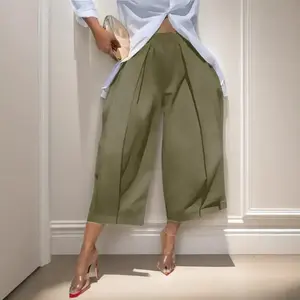 Women's Loose Solid Color Capri-Pants Cropped Trousers, 100% Cotton Summer Comfortable Breathable Fabric, Daily Versatile Elastic Waistband Lantern Pants with Pockets Bottoms Womenswear Casual Bridal Basic Minimalist