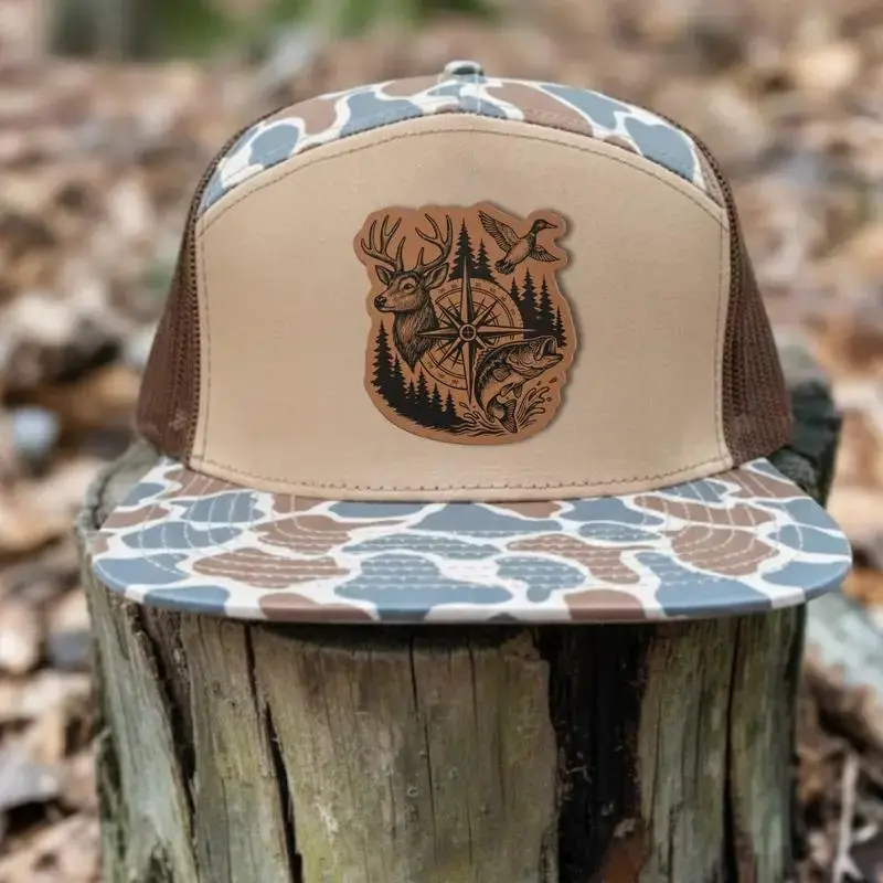 Hunting Trucker Hat with Deer Duck Fish Compass Patch – Duck Hunter Gift – Outdoor Camo Cap for Men – Fisherman & Bow Hunter Hat