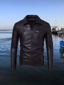 Men's Faux Leather Motorcycle Jacket, Shoulder Padded Design, Multiple Zipper Pockets, Full-Zip Street Style Coat