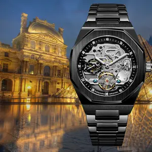 Round Dial Men's Automatic Mechanical Watch Waterproof Luminous Stainless Steel Strap Skeleton Watch Analog Men's Watch Business Luxury, Automatic Gift Watch, Daily Clothing Decoration as Boyfriend Gift