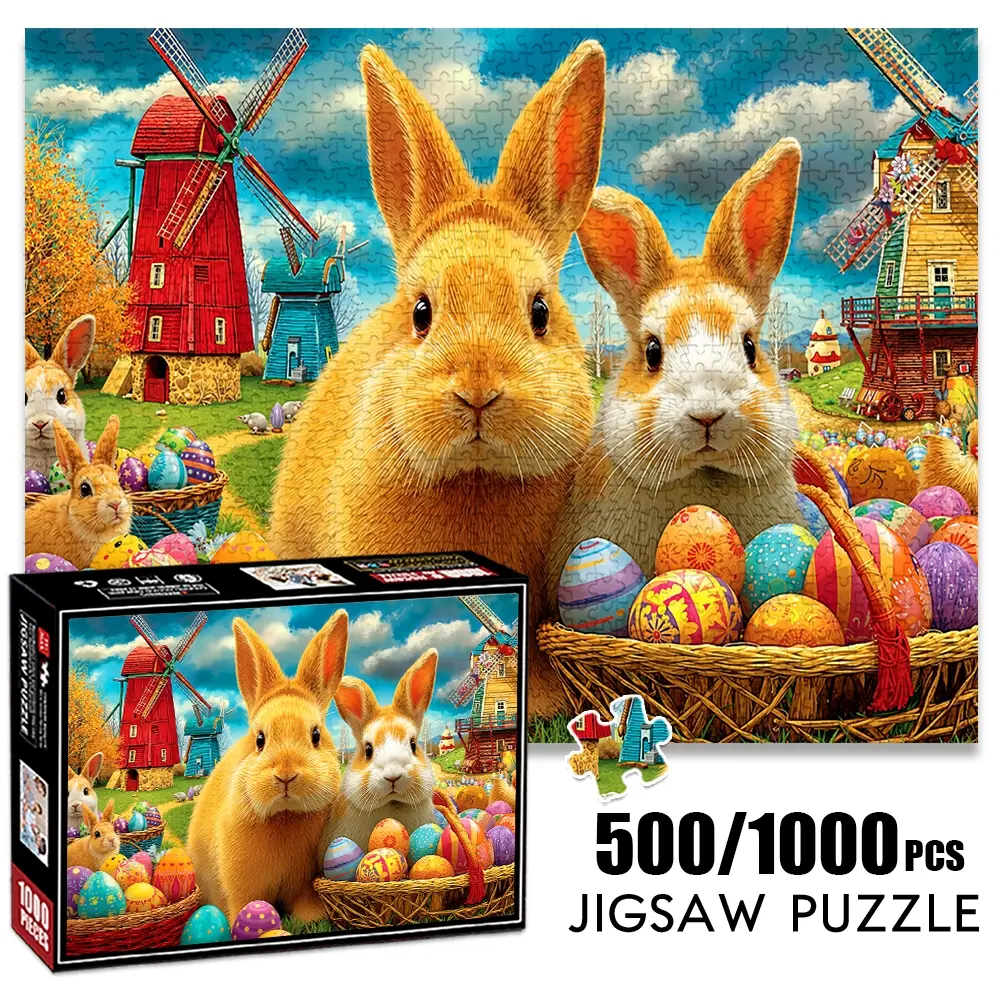 1pc 1000 piece adult puzzle 70x50cm Bunnies, Windmills and Colorful Easter Eggs 500 pieces of paper jigsaw puzzle, suitable for adults and families, large-scale DIY puzzle interactive toy games, b