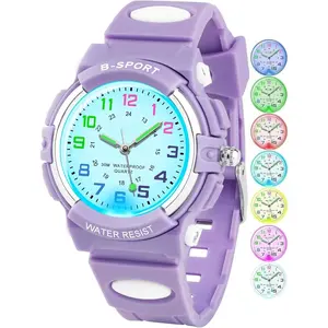 X-WWA15  Kids Watch Analog with 7 Colorful Night Lights Boys Girls Waterproof Soft Strap Kids Time Teaching Quartz Wristwatch for Ages 5-18