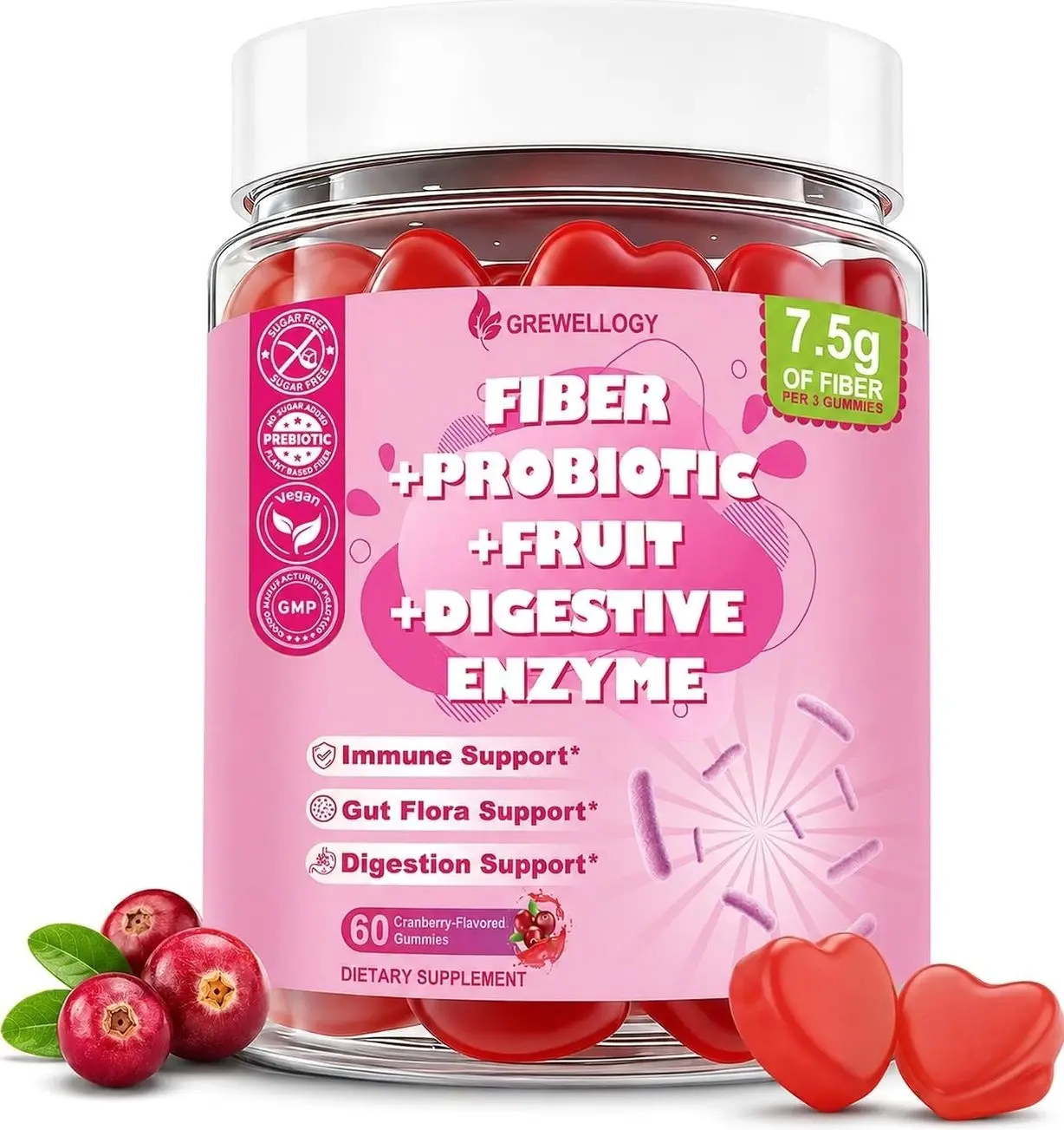 Fiber Gummies for Adults, Sugar Free Fiber Supplement with Prebiotics, Probiotics & Digestive Enzymes for Gut Health Support, 60 Count Cranberry Flavor, Vegan