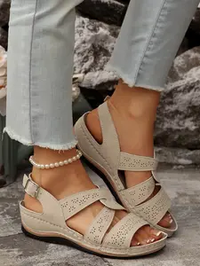 Casual Stretch Roman Sandals with Stitched Decorative Sole, Soft Wood Grain Bottom, Ultra-Comfortable, Perfect with Jeans and Dresses