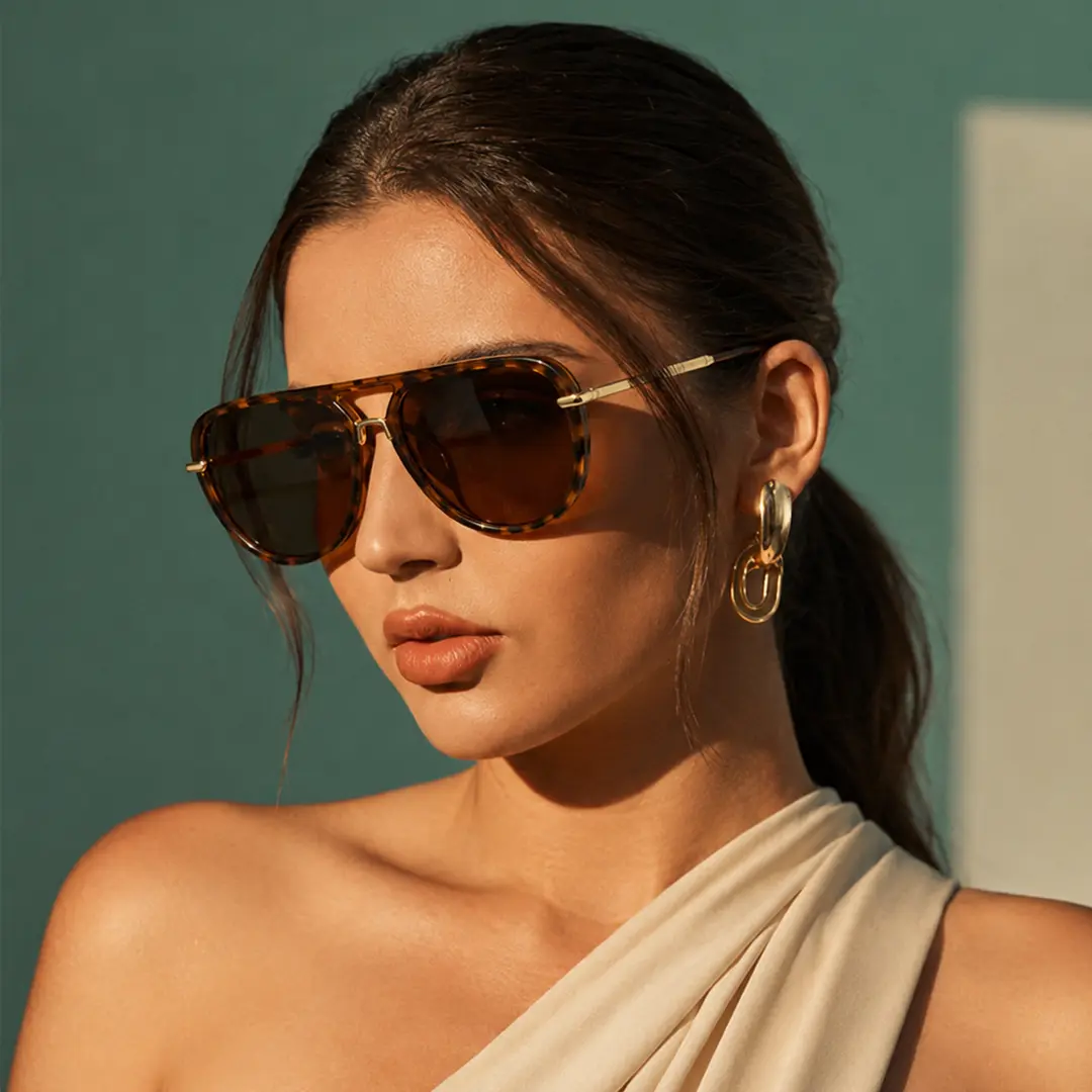 Vintage aviator sunglasses with a classic double bridge design, nostalgic colored lenses (blue/pink/yellow), UV protection, 1970s retro style, trendy accessory that enhances facial features, high-quality men’s eyewear.