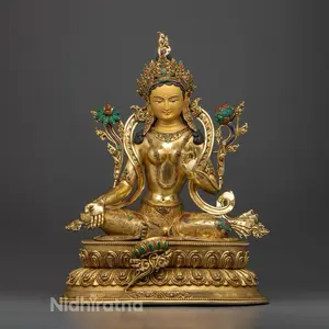 Green Tara Statue - Handmade Buddhist Sculpture with Decorative Elements and Sacred Design - Religious