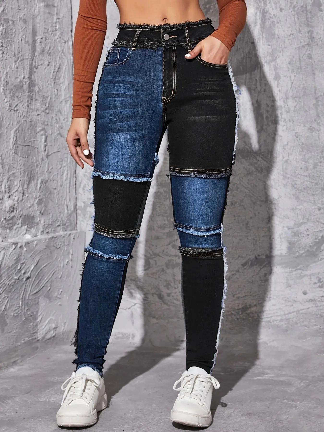 1 Spring Summer High Waist Patchwork Skinny Jeans Women | Color Block Frayed Raw Edge Stretchy Denim Casual Pants Womenswear | Y2K Grunge Baddie Style for Streetwear Night Out Festival Raw Hem Jeans High Waisted Jeans