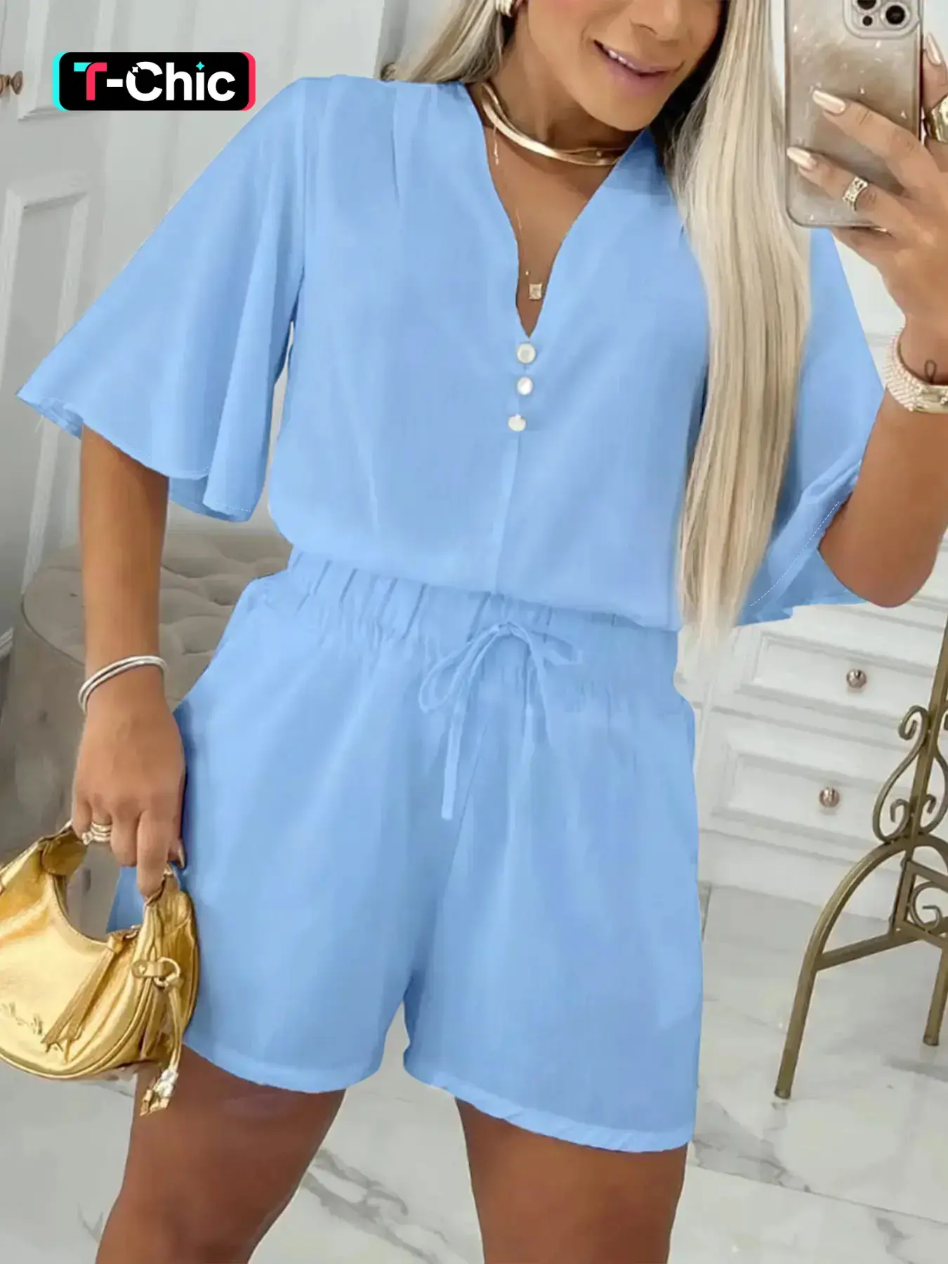Women's V-neck bell sleeve suit, women's loose casual short-sleeved top + shorts two-piece set