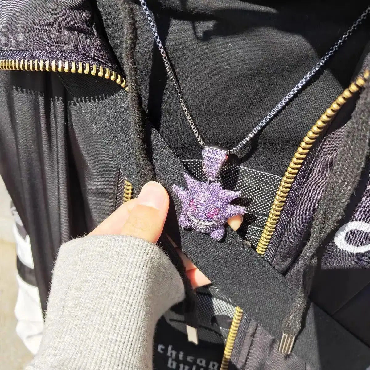 Pokemon Gengar Full Rhinestone Pendant Hip Hop Necklace Couple Streetwear Bling Anime Jewelry Accessory Gift
