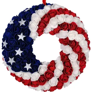 idyllic July 4th Patriotic Americana Wreath Boxwood Handcrafted Memorial Day Wreath Festival Garland Decoration Front Door Wall Home Decor (Blue)