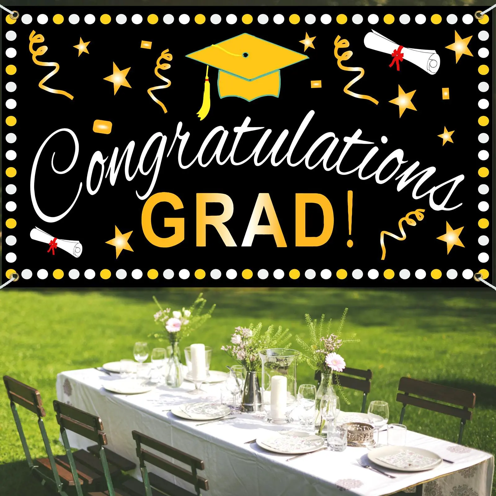 Black Gold Decorative Banner Kit - 70.8in x 43.3in Large Size Graduation Theme Backdrop, 20ft Ribbon, Easy-Install DIY Party Decor for High School Indoors/Outdoors