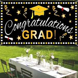 Congratulations Grad Banner - Black Gold Graduation Backdrop 70.8" x 43.3", Large Congrats Grad Banner with 20ft Ribbon, Graduation Party Decorations for High School College Indoor Outdoor
