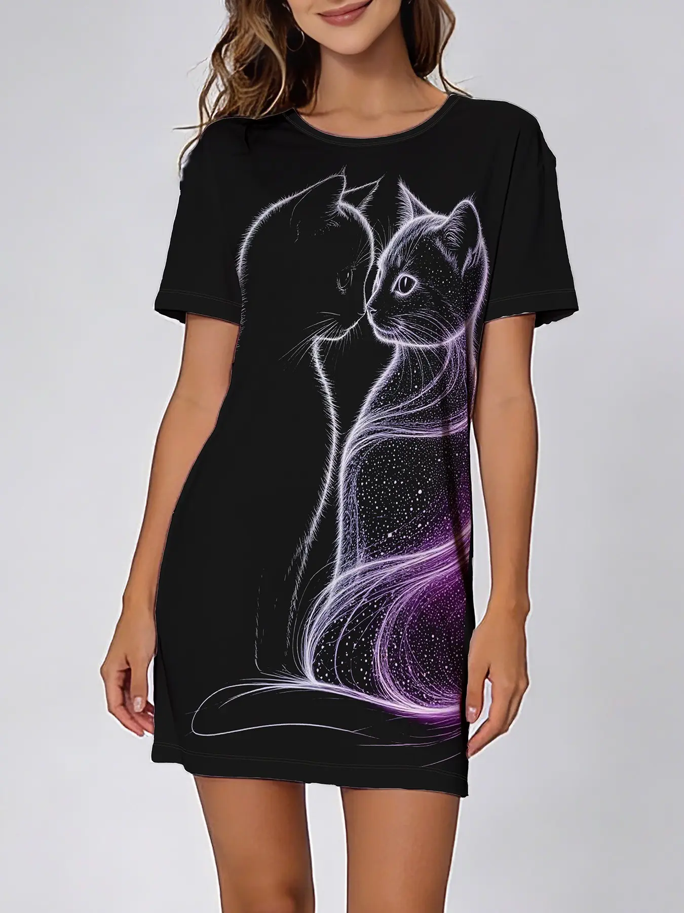 Dreamy Starry Sky Cat Print Sleepwear Loungewear for Women, Round Neck Short Sleeve Spring Summer Home Wear, Loose Fit Comfortable Casual Everyday Nightgown Nightdress