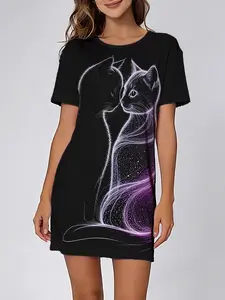 Dreamy Starry Sky Cat Print Sleepwear Loungewear for Women, Round Neck Short Sleeve Spring Summer Home Wear, Loose Fit Comfortable Casual Everyday Nightgown