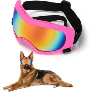 Dog Sunglasses Goggles Pet Eyewear with Adjustable Strap UV Proof Windproof Dustproof for Medium Large Dogs Swimming Skating Pink Frame + Colorful Lens