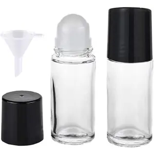 2 count Black Clear Empty Glass Essential Oil Roller Bottles Vials Containers Refillable Roll-on Bottles with Funnel 30ML Refillable  Containers