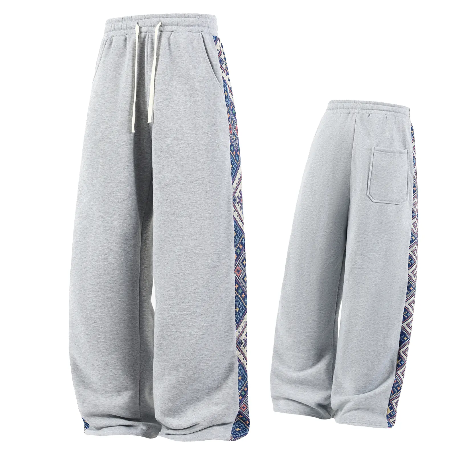 Men’s Regular-Fit Knitting Trousers, Mid-Waist Loose-Fit Ethnic Print Retro Patchwork Pants with Drawstring Waist, Comfortable Long Lounge Home Wear for Spring Everyday Use