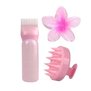 Flower Design Hair Massage Tool Set, 3 Counts/set Hair Dyeing Bottle & Massage Comb, Professional Hair Styling Tool for Women & Girls, Hair Styling Combs