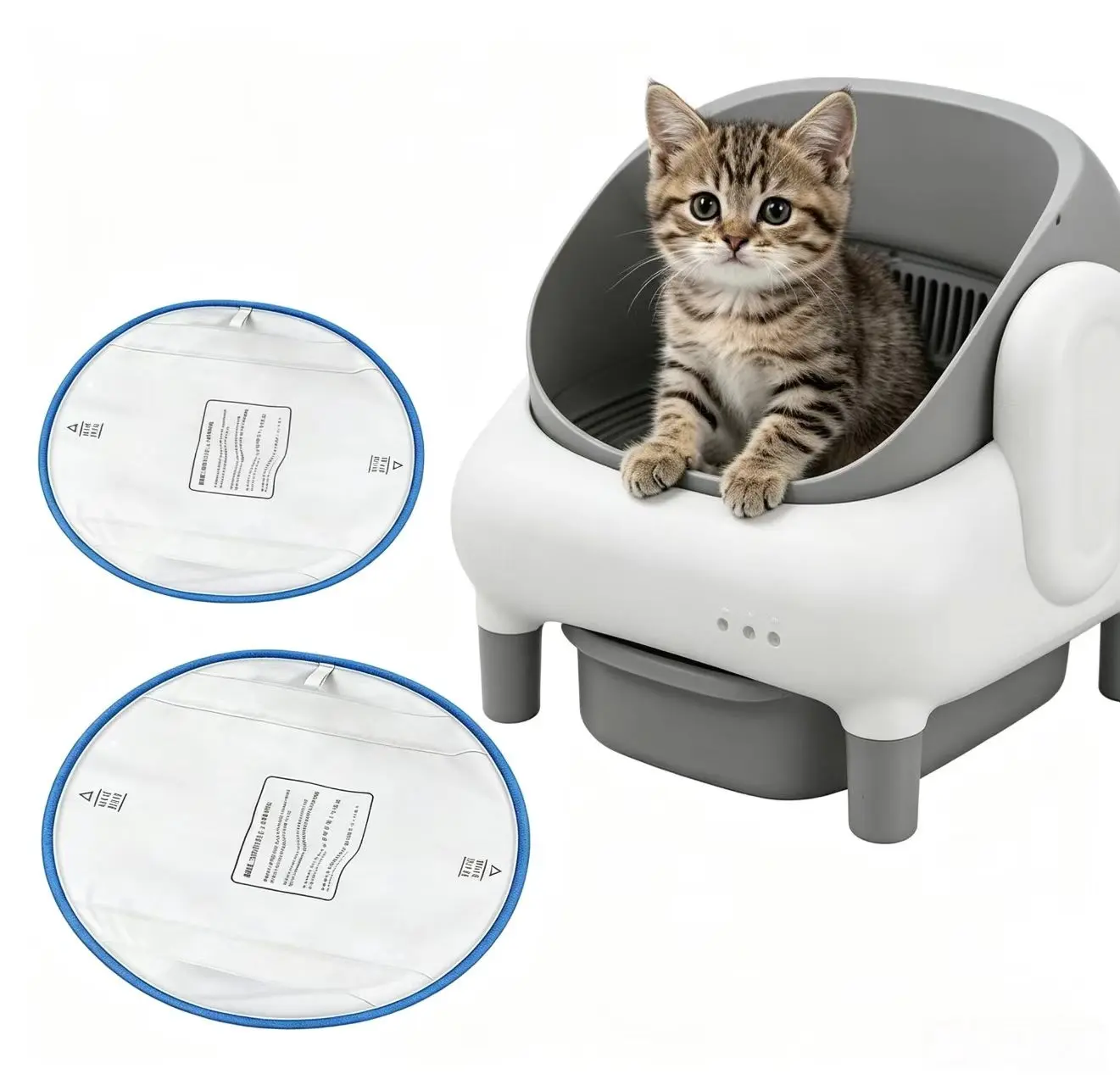 Automatic Litter Box Replacement Pads - Mess-Free Waterproof Leak Proof Mat Liners, 14.96 x 11.81 in Large Size, Blue/Grey Trim, 2 Pads/4 Pack