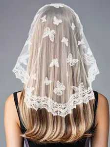 Butterfly Lace Round Veil, Church Headpiece, Wedding Latin Round Veil, Rhinestone Embellished, Elegant Bridal Accessory