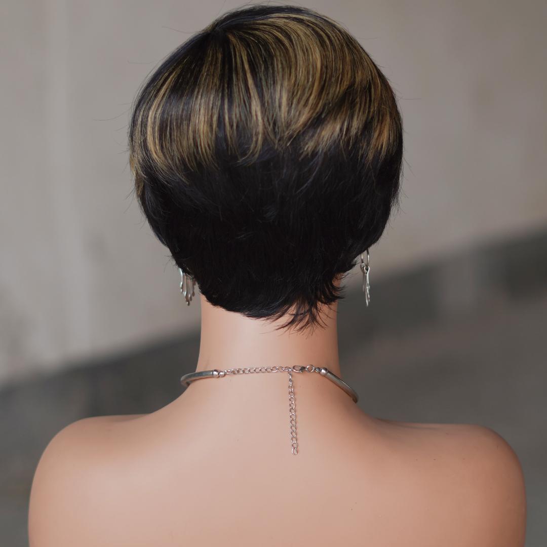 Glueless Short Pixie Cut Wig With Bangs, 180% Density Brazilian Virgin Human Hair, P1B/27 Ombre Black Blonde 6 Inch Layered Machine Made, Natural Look Wig With Caps For Women Daily & Party Wear
