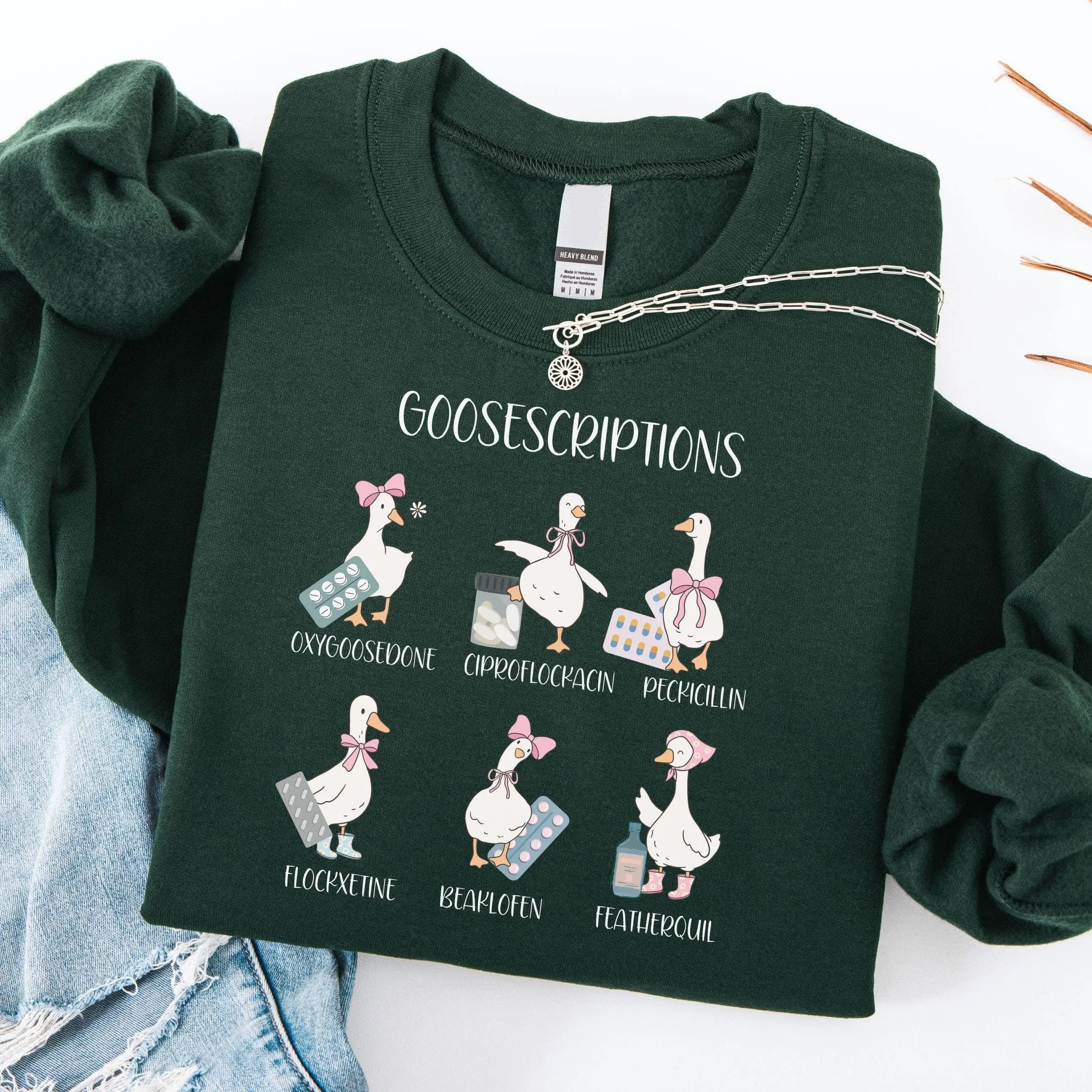 Funny Goose Graphic Sweatshirt for Women, Soft Cotton-Blend Fleece Fabric Pullover with Medical Puns and a Casual Unisex Fit