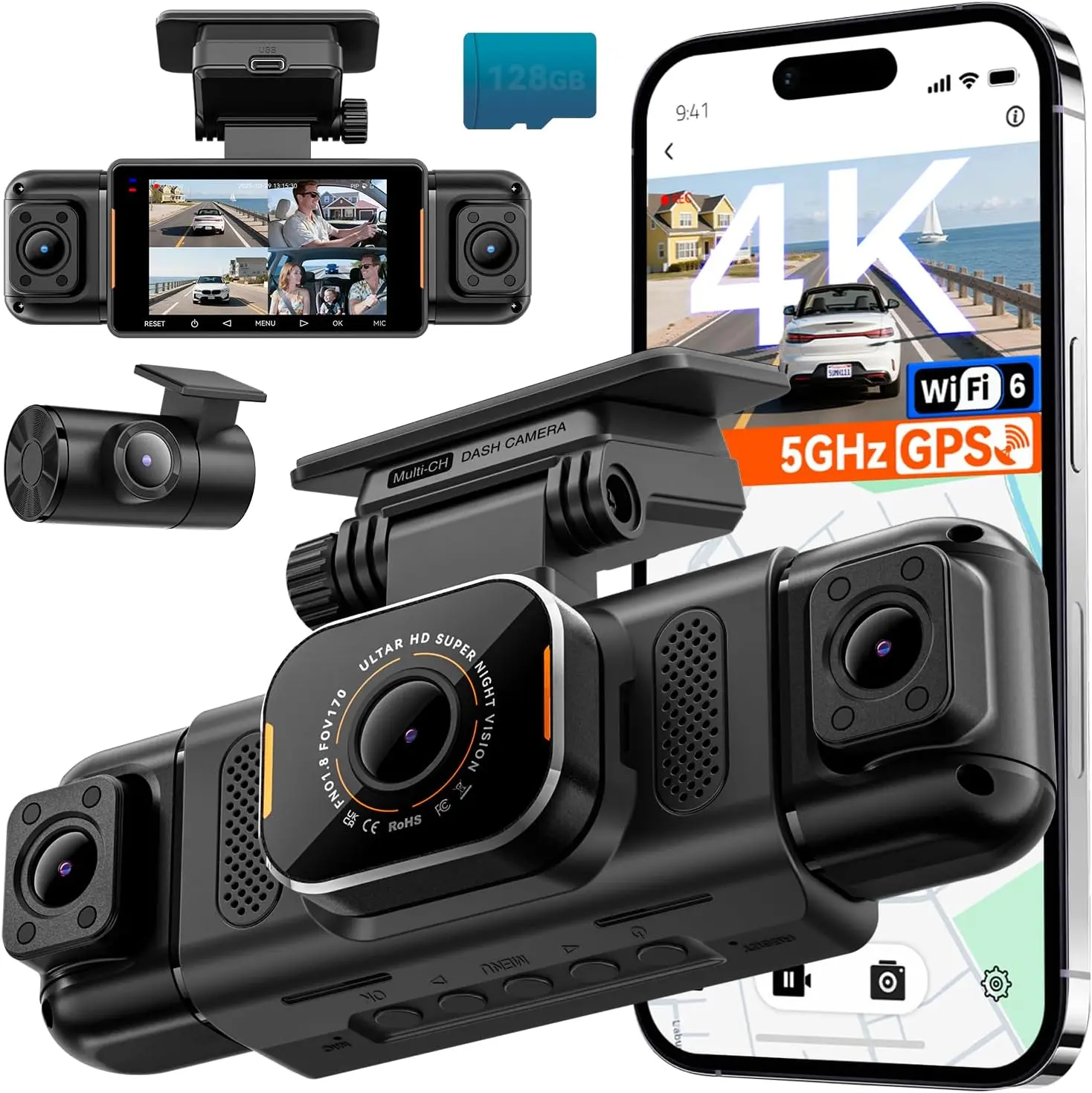 4K 4 Channel Dash Cam, 360° All-Around View, 1080P Rear and Inside, 5G WiFi 6 - Up to 10MB/s, Built-in GPS, 8 IR Night Vision, G-Sensor, 24H Parking Mode, Free 128GB SD Card Included Camera Automatic Lens Memory Monitor Protection Recording Safety outdoor